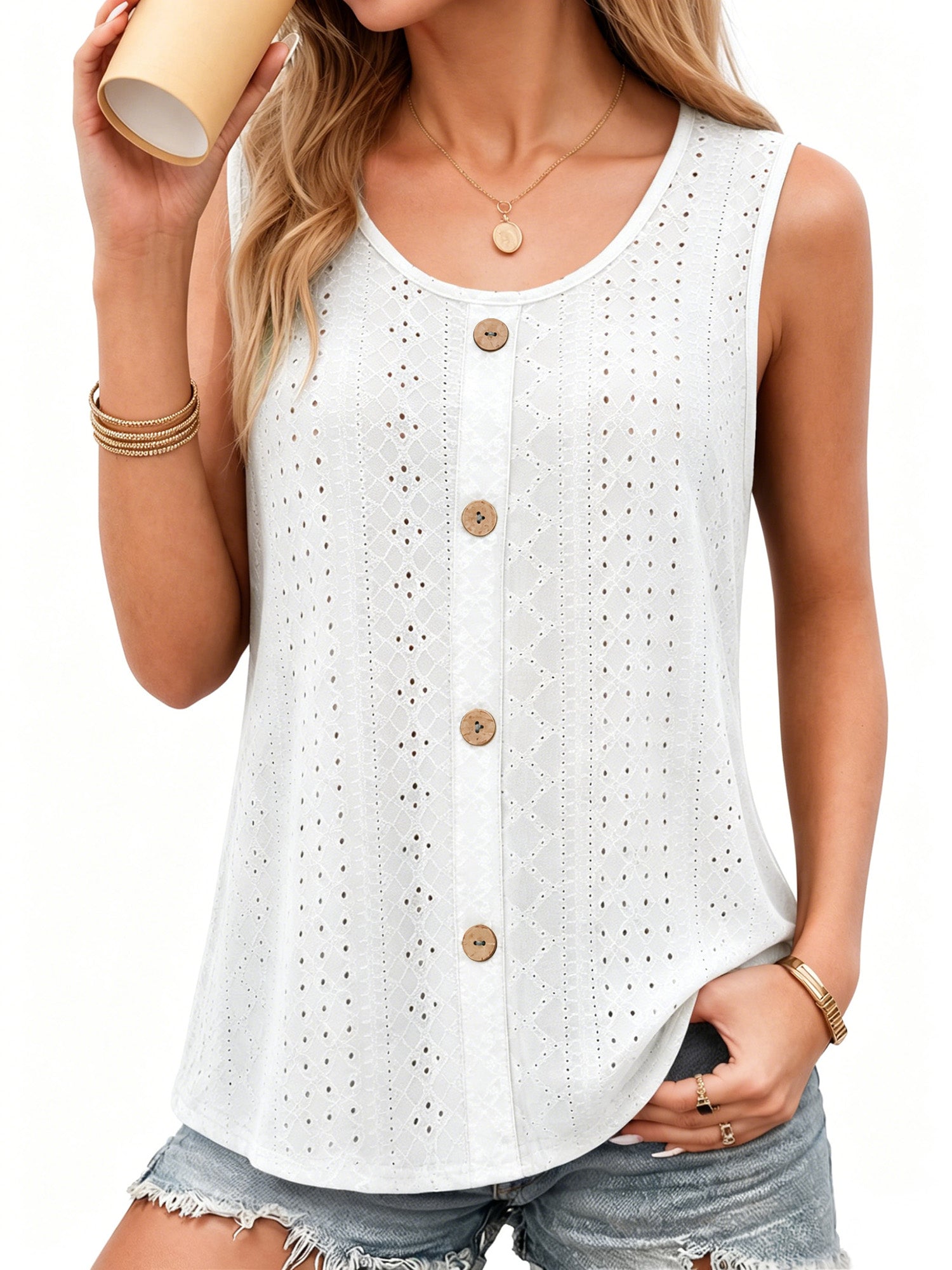 MOYIKO Tank Tops for Women Eyelet Crew Neck Sleeveless Tops Dressy Casual Trendy Flowy Summer Shirts Loose Fit