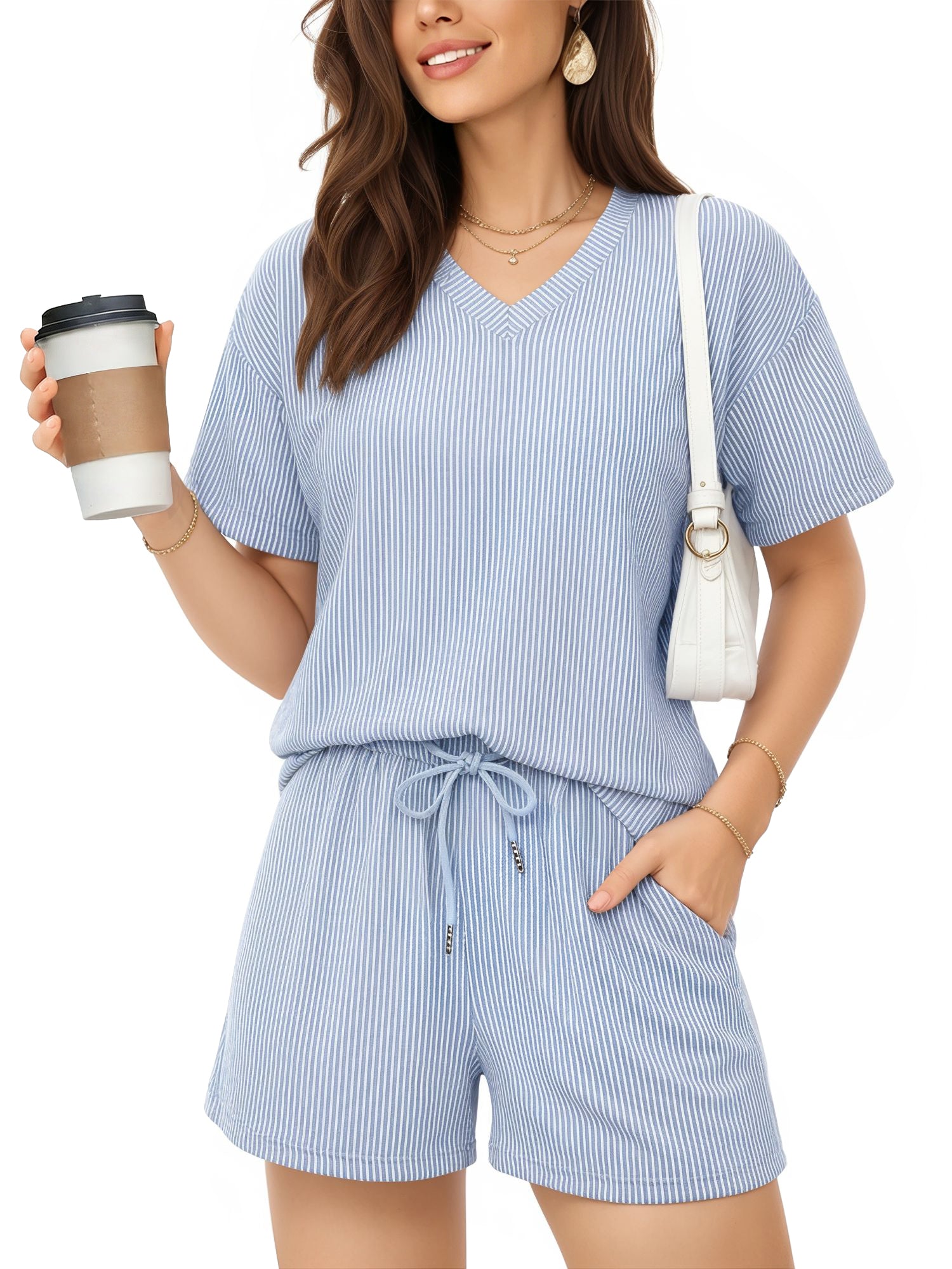 MOYIKO 2 Piece Oufits for Women Lounge Set Short Sleeve Shirts Matching High Waisted Shorts with Pockets