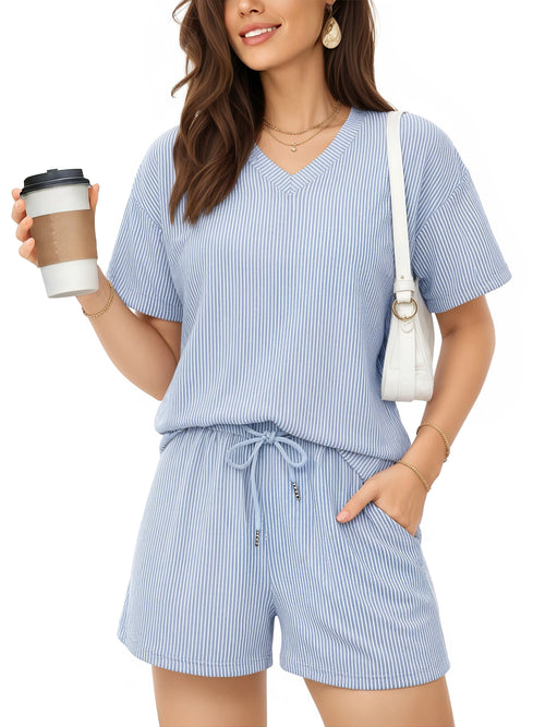 MOYIKO 2 Piece Oufits for Women Lounge Set Short Sleeve Shirts Matching High Waisted Shorts with Pockets