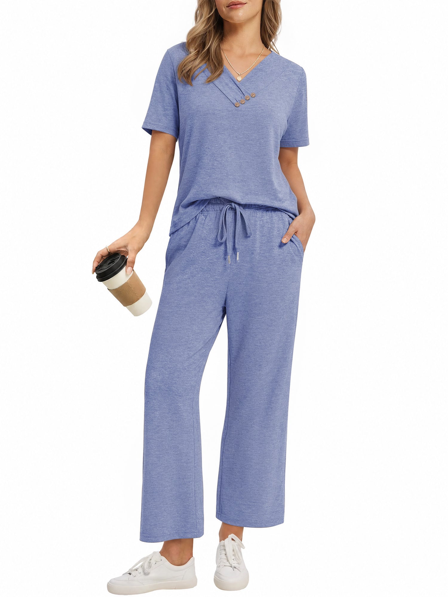 MOYIKO 2 Piece Sets for Women Casual Summer Travel Vacation Outfits Short Sleeve Tops Wide Leg Pants with Pockets Lounge Sets