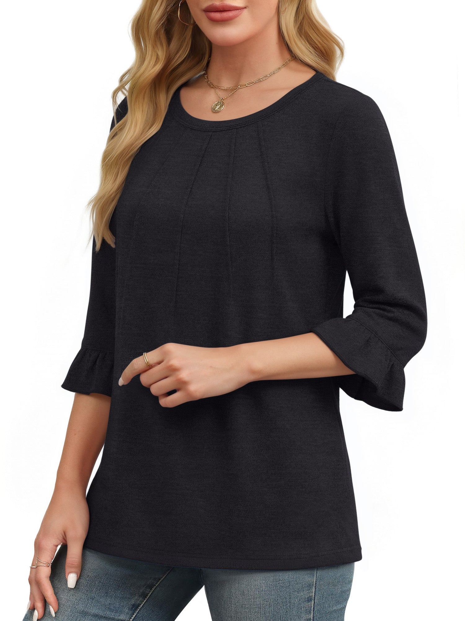 MOYIKO Pleated Blouses for Women 3/4 Length Bell Sleeve T Shirts Dressy Casual Round Neck Summer Tops