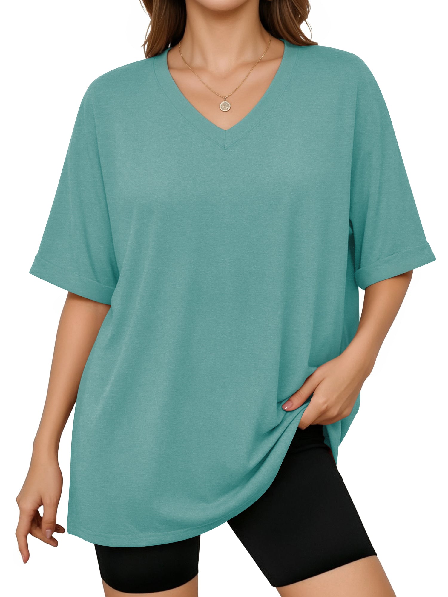MOYIKO Oversized T shirts for Women V Neck Short Sleeve Loose Tees Summer Casual Basic Tops