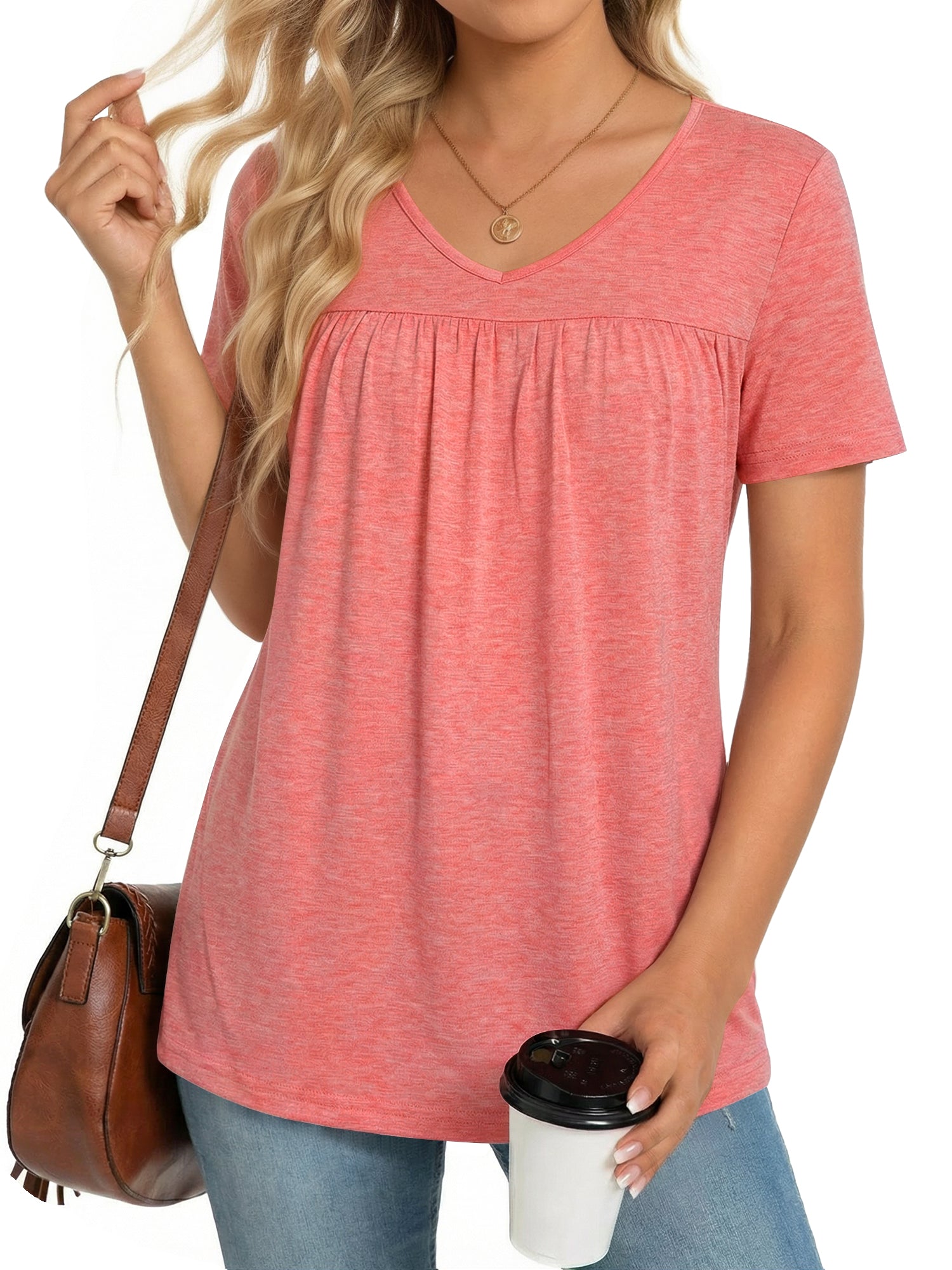 MOYIKO Womens T Shirts Short Sleeve Pleated Peplum Babydoll Summer Tops V Neck Dressy Casual Tunic
