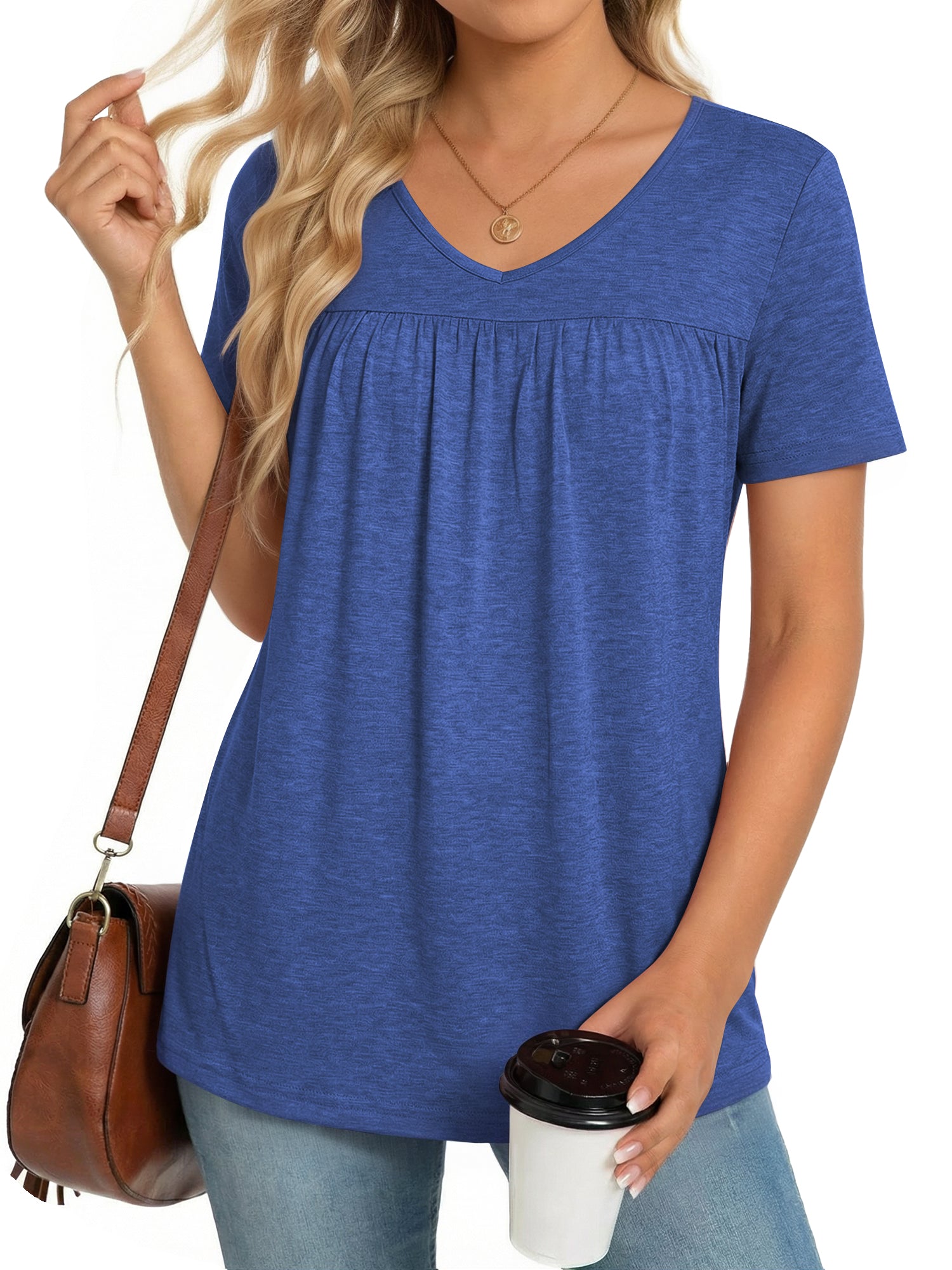 MOYIKO Womens T Shirts Short Sleeve Pleated Peplum Babydoll Summer Tops V Neck Dressy Casual Tunic