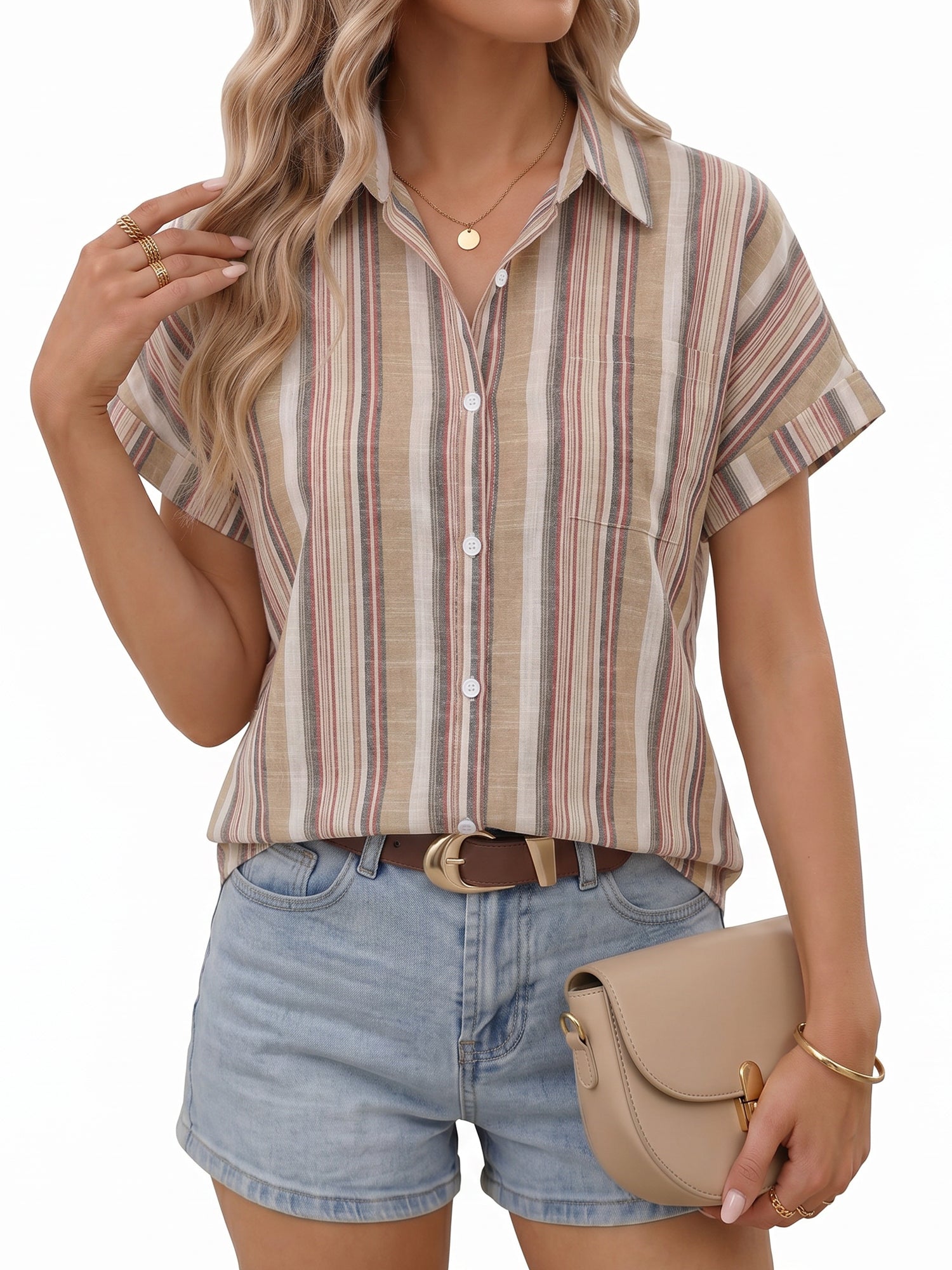 MOYIKO Womens Short Sleeve Striped Shirts Casual Button Down V Neck Work Blouses Tops