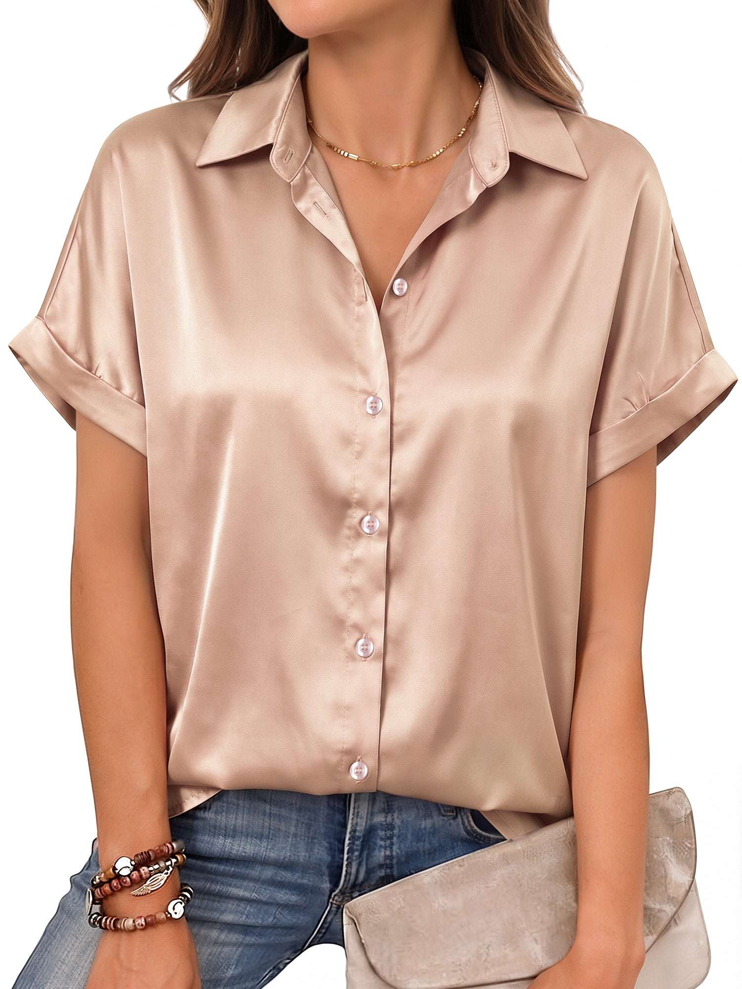 MOYIKO Women Button Blouse Satin Shirts Short Rolled Sleeve V Neck Summer Top Work Office Shirt