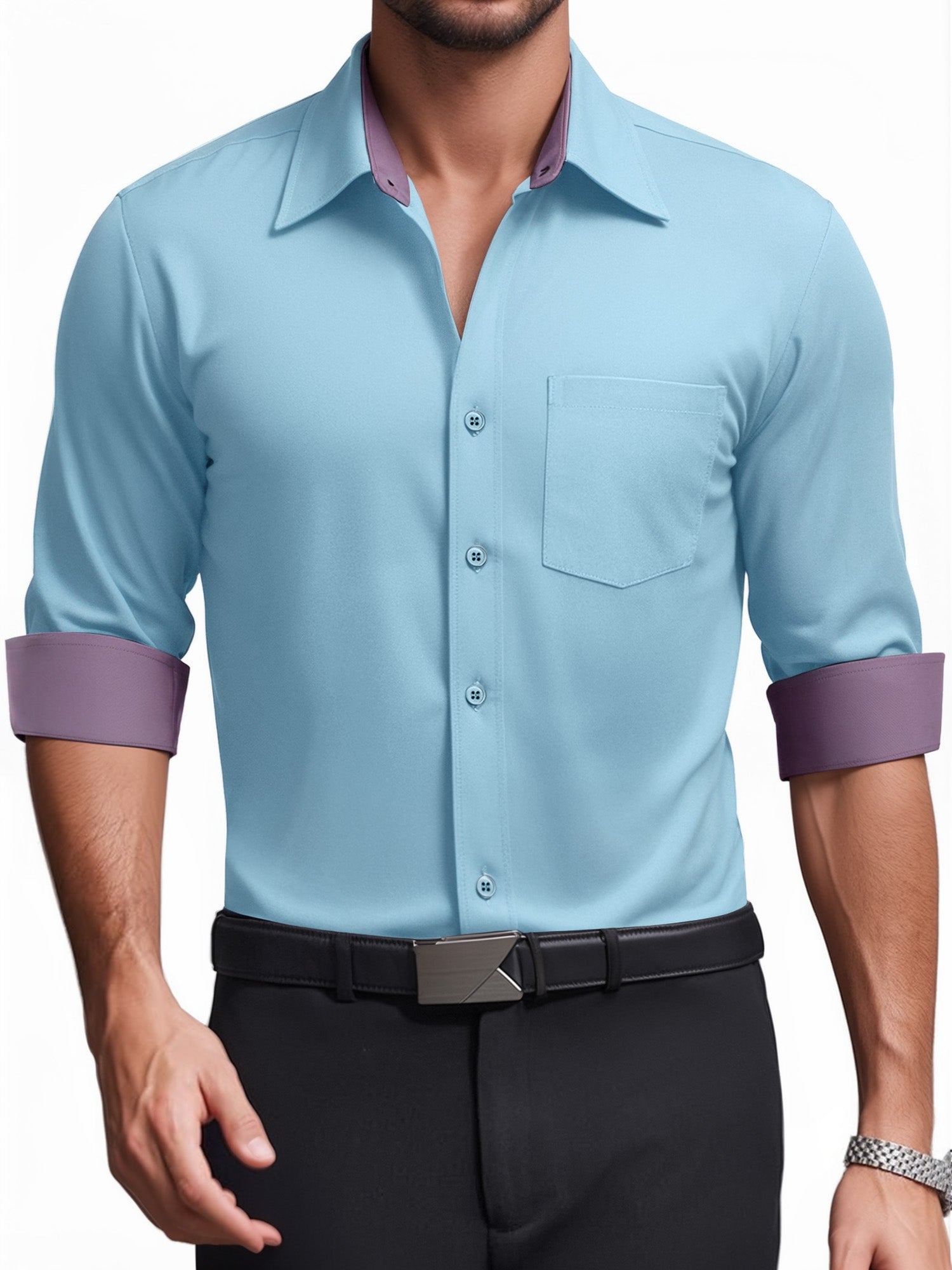 OALUXE Mens Dress Shirts Formal Long Sleeve Button Down Business Contrast Shirt with Pocket