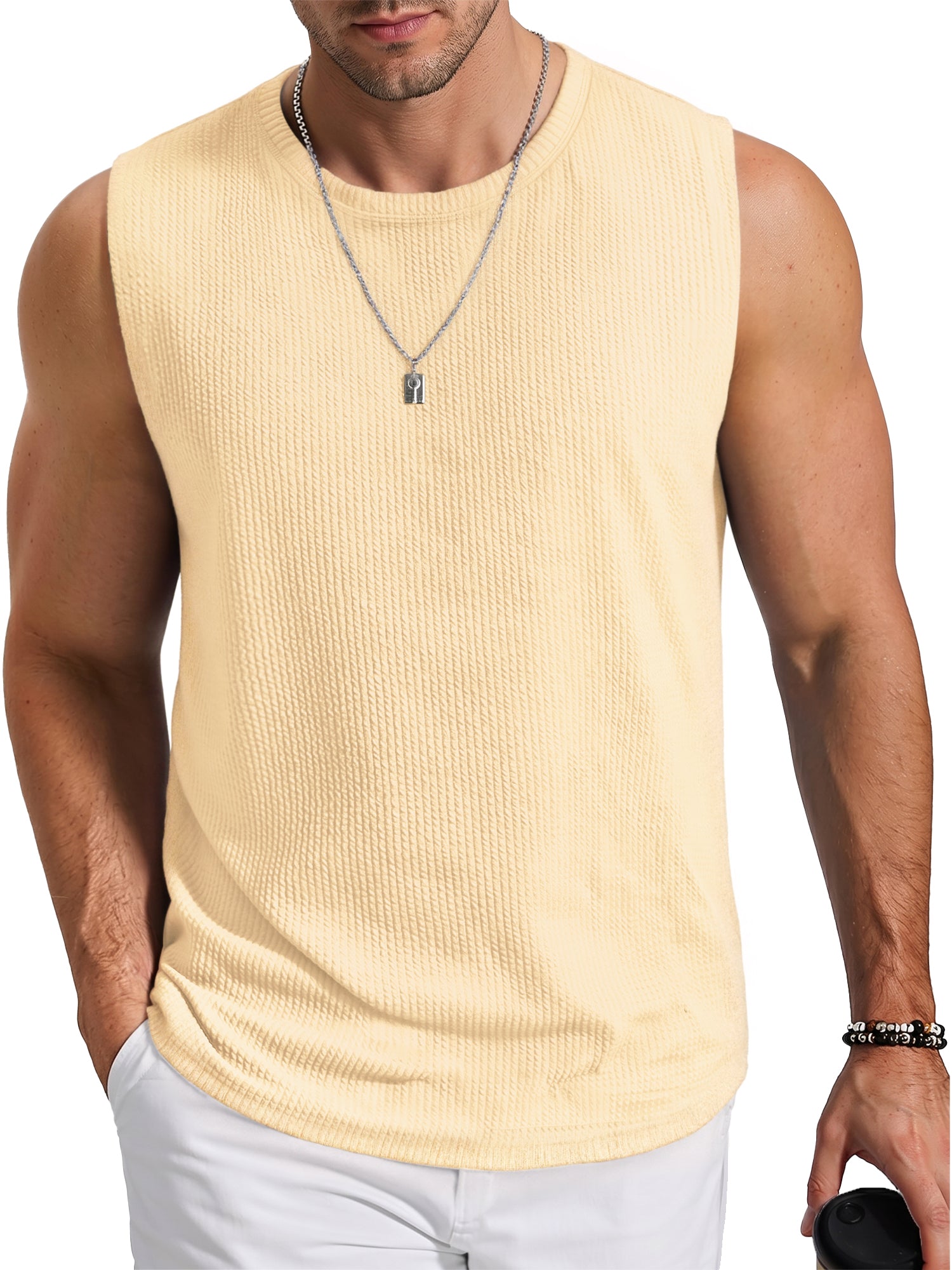 RICHCOIN Mens Tank Top Round Neck Sleeveless Muscle Shirts Lightweight Summer Beach Textured Black Tee