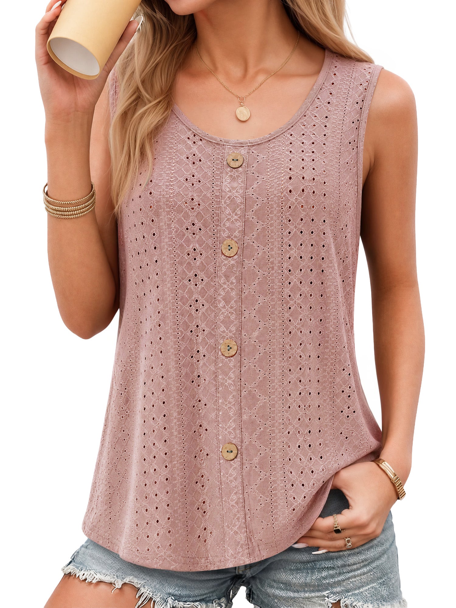 MOYIKO Tank Tops for Women Eyelet Crew Neck Sleeveless Tops Dressy Casual Trendy Flowy Summer Shirts Loose Fit