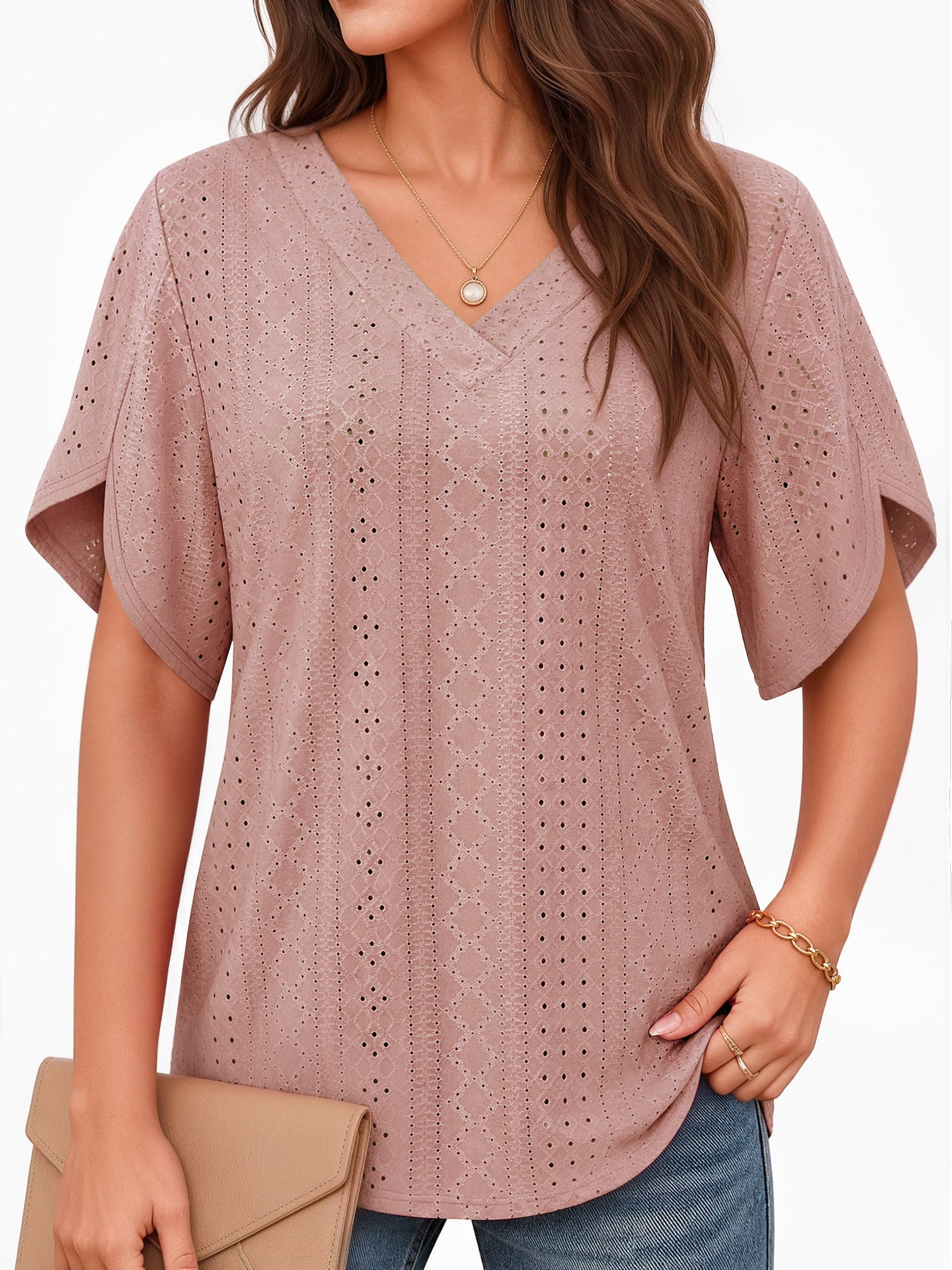 MOYIKO Eyelet Blouses for Women Dressy Casual V Neck Short Sleeve T Shirts Summer Trendy Basic Tees Tunic Tops Loose Fit